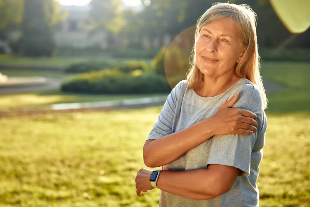 Woman after successful reverse shoulder replacement